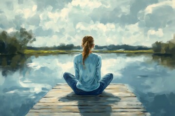 Fototapeta premium Digital painting of a young woman practicing yoga and meditation on a wooden pier, enjoying the peaceful view of a calm lake and cloudy sky