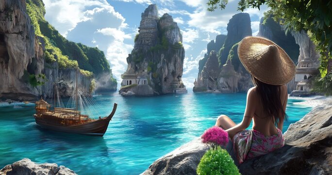 Une femme portant un chapeau de paille assise sur un rocher et regardant des '&icirc;les tropicales avec des hautes falaises vertes, un lagon bleu et un bateau.