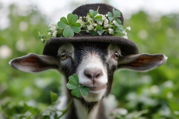 Close up of a goat wearing a stylish hat adorned with clovers, playfully chewing on a four leaf clover in a vibrant green field