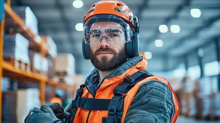Fototapeta premium A focused worker in safety gear stands confidently in a warehouse, projecting professionalism and dedication