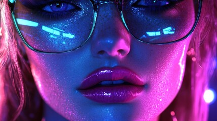  A close-up of an elegant woman's face with sleek hair and glasses, illuminated by neon lights against a vibrant pink background. 
