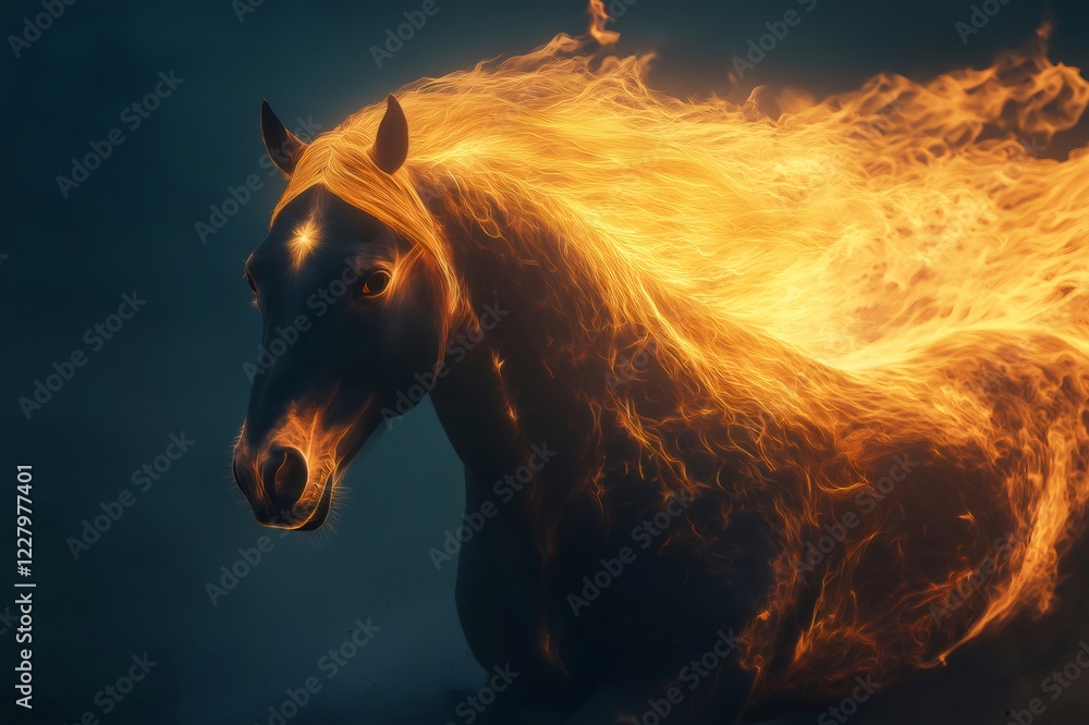 Poster digital art of a horse with a fiery mane flowing like flames, creating a stunning visual effect