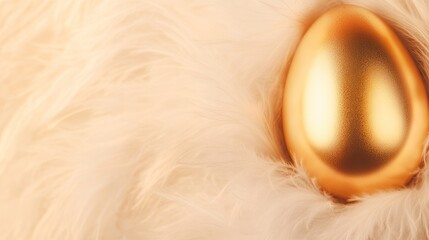 Fototapeta premium golden egg with shimmering accents nestled in fluffy bed of feathers under soft natural light