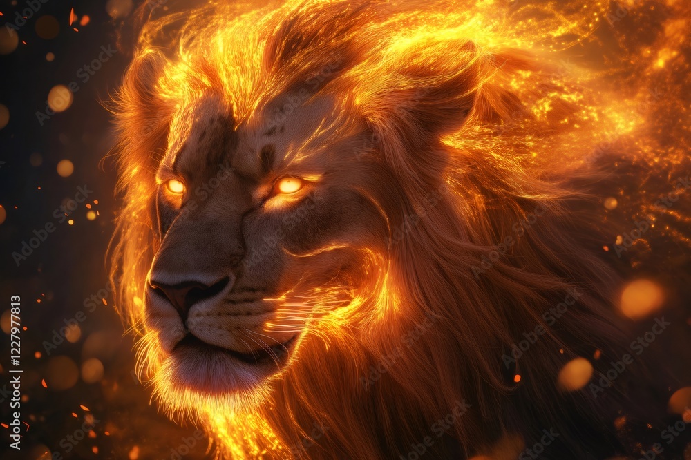 Poster fierce lion with a fiery mane, radiating power and strength, creating a mesmerizing and mythical atm
