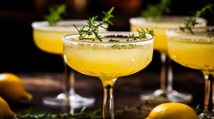 Fototapeta premium Twirling Meyer Lemon and Thyme Bees Knees Gin Cocktail in Closeup. Delicious Alcoholic Beverage with Honey and Citrus Flavors in Cocktail Glass