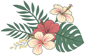 Vibrant tropical flowers, colorful hibiscus bouquet, lush green leaves, botanical illustration, watercolor painting, detailed petals, tropical foliage, bright floral arrangement, realistic plant art, 