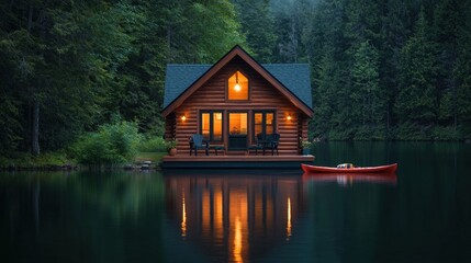 Obraz premium A tranquil wooden cabin sits on the edge of a serene lake, surrounded by lush trees. Its warm lights reflect beautifully on the water, creating a peaceful and inviting atmosphere.