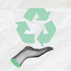World Earth day, Hand holding sustainable green world with recycle symbol, ustainability or renewable energy to save the world from climate change or global warming, environmental safe or recycle.