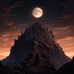 Majestic castle under a full moon amidst a mystical landscape.