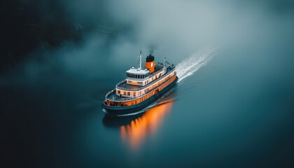 A vintage boat glides through the misty waters, showcasing its elegant design and the tranquil atmosphere of the scene. Ideal for travel, adventure, and exploration themes.