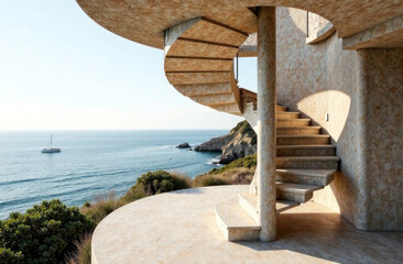 Spiral staircase winds upward, providing breathtaking views of the ocean and a sailboat on a clear sunny day