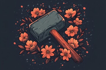 Stone hammer with wooden handle surrounded by a wreath of orange flowers and leaves on a dark blue background, creating a decorative and symbolic design