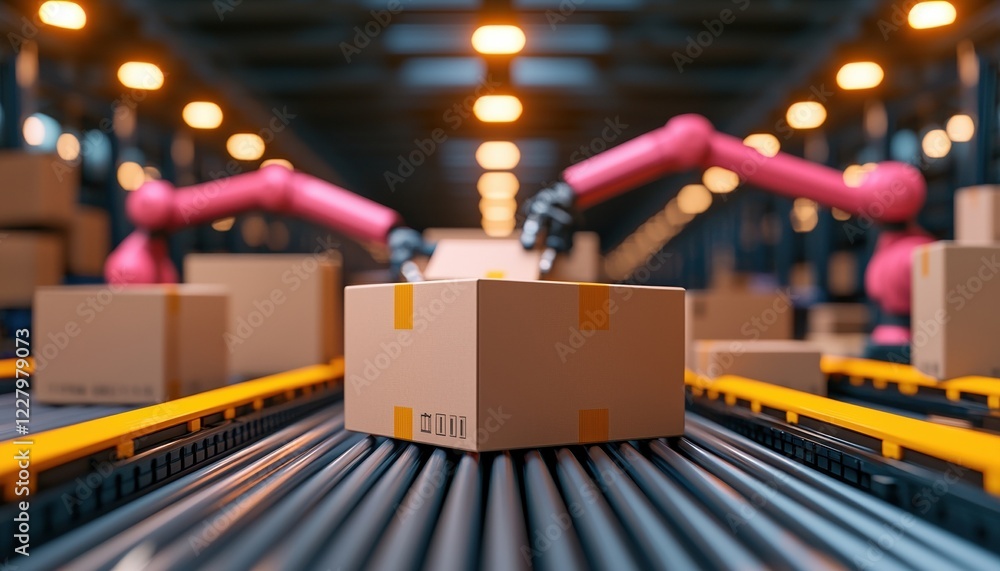 Poster automated packaging system in a modern warehouse, showcasing robotic arms handling boxes on a convey
