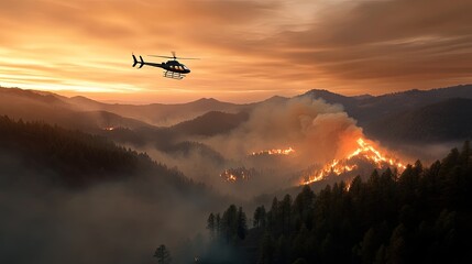 Fototapeta premium Helicopter hovers over a forest fire at dusk, battling flames that rage through trees under an orange sky filled with smoke.
