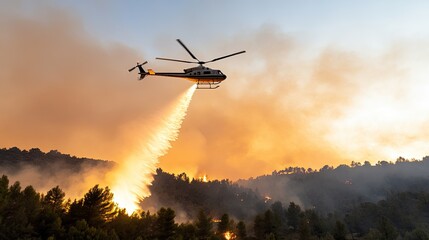 Fototapeta premium Helicopter hovers over a forest fire at dusk, battling flames that rage through trees under an orange sky filled with smoke