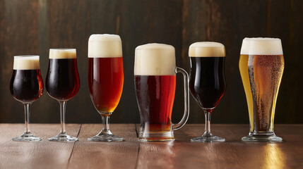Collection of different beer styles in various glasses. Ideal for pub menu, beer tasting events, or craft brewery promotion.