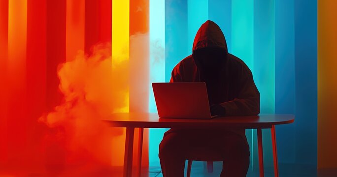 Un hacker portant une veste &agrave; capuche assis &agrave; une table avec un ordinateur portable et de la fum&eacute;e en arri&egrave;re-plan, sur un fond minimaliste et color&eacute;.