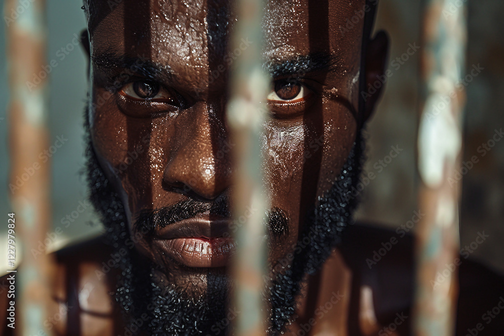 Poster a prisoner behind bars in a prison in jail generative ai