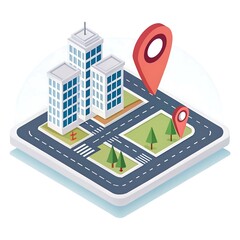  A colorful isometric city map with roads, buildings, and a red location pin marking a specific place.