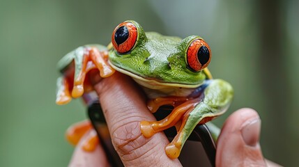 Fototapeta premium A Frog with a large eye sits comfortably on a persons