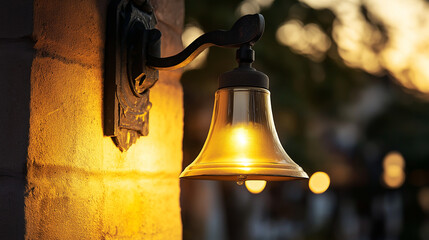 Vintage brass bell glowing in warm evening light. Suitable for historical architecture, traditional design, or nostalgic decoration themes.