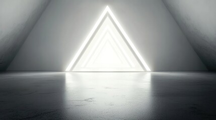 Obraz premium A white triangle in the center of an empty room with symmetrical lines and bright lighting, creating a futuristic minimalist background. 