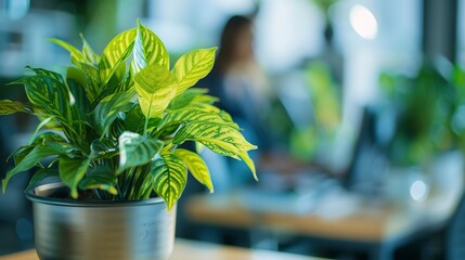 A Green posted plant in an office setting with a person