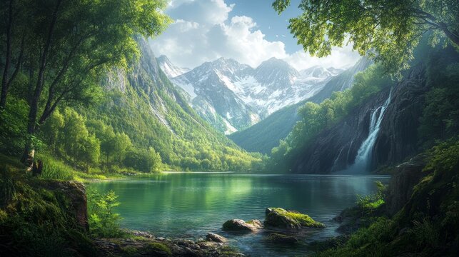 Lake in mountain forest landscape background scene. Tree, water and nature beautiful scenery for summer valley outdoor panorama illustration. Calm wildlife backdrop with alps range and mountains
