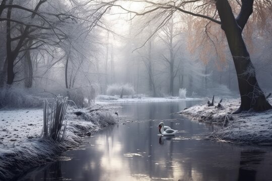 Winter Serenity: A Scenic 3:2 Landscape of a Duck Pond in a Wooded Area by the River