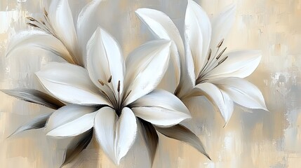 Abstract white flowers painting, on a beige background. The painting depicts white lilies with a beige and grey color palette, featuring visible brush strokes in oil paint