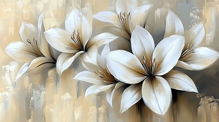 Abstract white flowers painting, on a beige background. The painting depicts white lilies with a beige and grey color palette, featuring visible brush strokes in oil paint