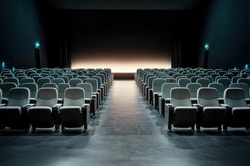 Fototapeta premium Modern cinema hall with empty seats and dimly lit atmosphere.