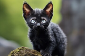 Obraz premium Young and Beautiful Black Devon Rex Kitten Walking Outdoors in a Funny Pose