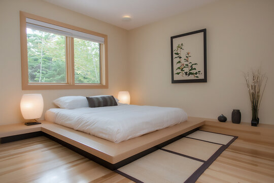 P A stylish bedroom with a traditional Japane