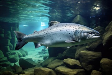 Fototapeta premium Young Salmon Swimming in an Aquarium Tank. Beautiful Underwater View of Nature and Animal Kingdom in the Aquarium