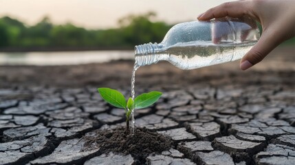 A woman nurtures a small plant with water, emphasizing the impact of climate change on our environment and ecosystems.