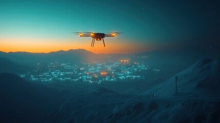 Naklejka premium A drone is flying over a city at night