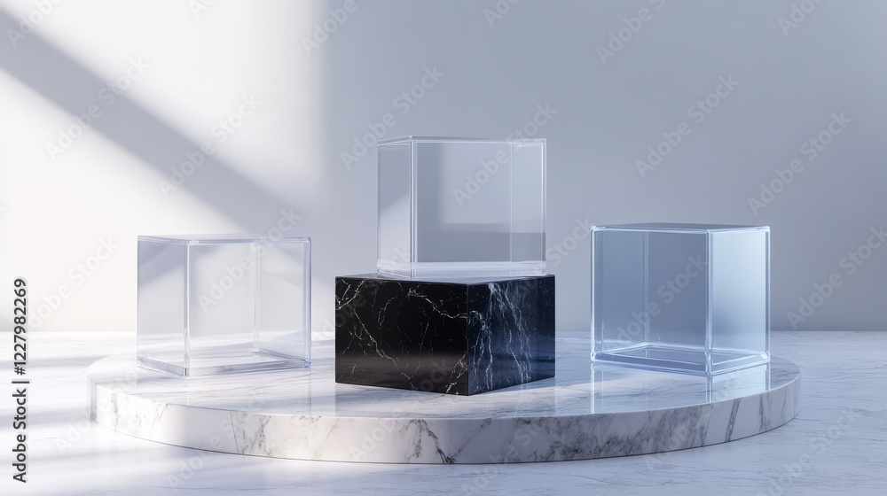 Poster glass cube boxes on black, white and marble stand. empty clear square showcases on plastic podiums. 