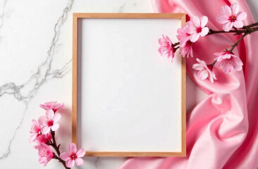 Obraz premium Delicate pink flowers surround a blank wooden frame placed on a marble countertop, conveying elegance and tranquility