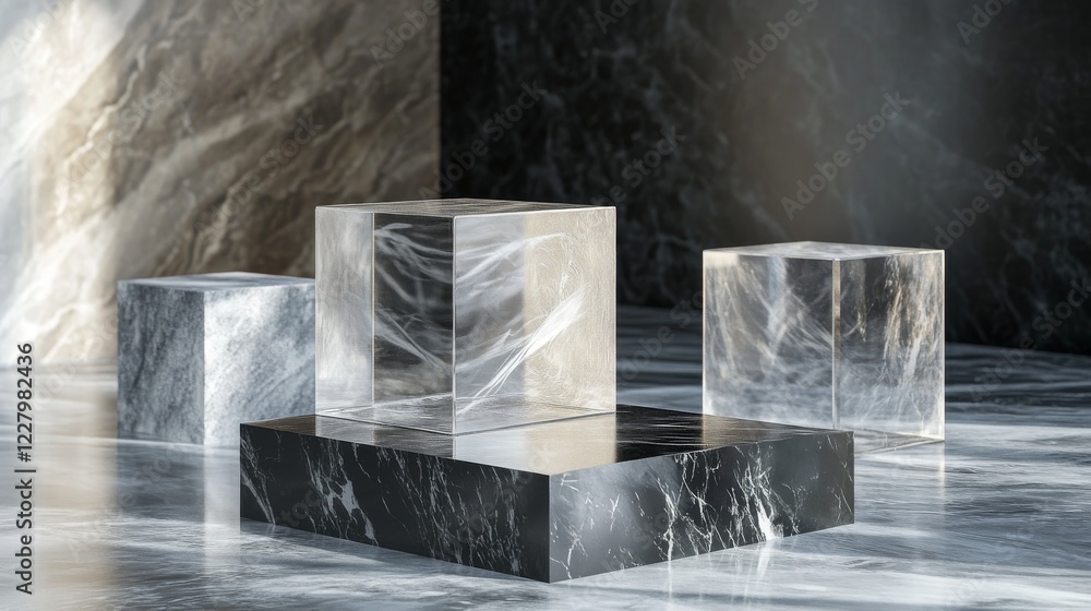 Poster glass cube boxes on black, white and marble stand. empty clear square showcases on plastic podiums. 