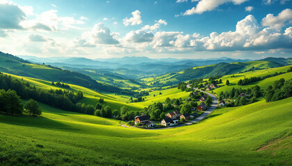 Obraz premium Rolling green hills, a winding road, and a quaint village under a partly cloudy sky capture the serene beauty of rural harmony.