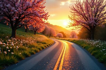 Fototapeta premium Golden hour illuminates winding asphalt road through blooming spring landscape , blooming, idyllic