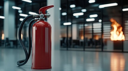 Highlighted fire extinguisher stands in an office corner near window blinds, creating a sense of safety and readiness for emergencies