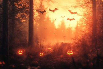 Spooky Halloween Night with Glowing Jack-o’-Lanterns, Full Moon, and Autumn Leaves in an Eerie Enchanted Forest Pathway