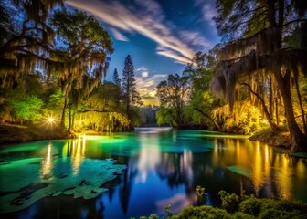 Luraville Spring's Night Silhouette, Suwannee County, Florida - Illuminated Waterscape