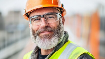 Close up portrait of a man with a frosted beard, wearing a hard hat, safety glasses, and a bright yellow safety vest. He is smiling slightly, outdoors in cold weather.