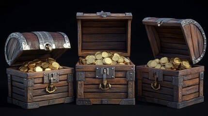 Treasure chests with gold, silver and bronze coins . Vector cartoon illustration of closed and open ancient wooden boxes with heap of golden money, isolated game icons, ui design