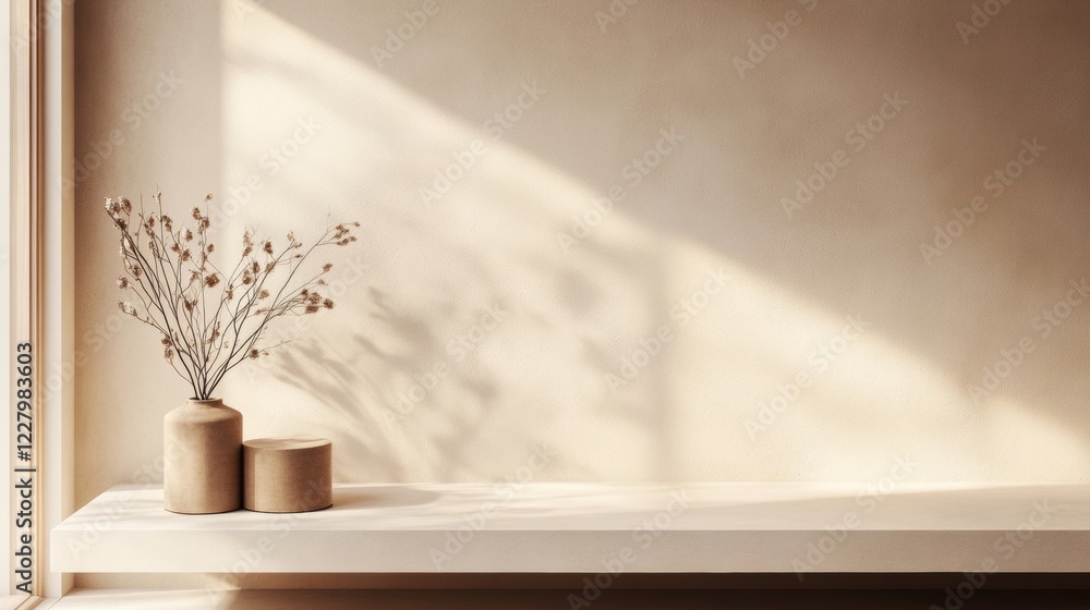 Poster Minimalist display of dried flowers in simple vases on a sunlit interior shelf in a serene living space. Generative AI