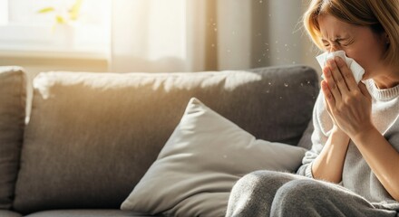 Woman sneezing into a tissue while sitting on a couch at home