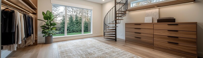 Fototapeta premium Modern interior design with a stylish staircase and natural light.